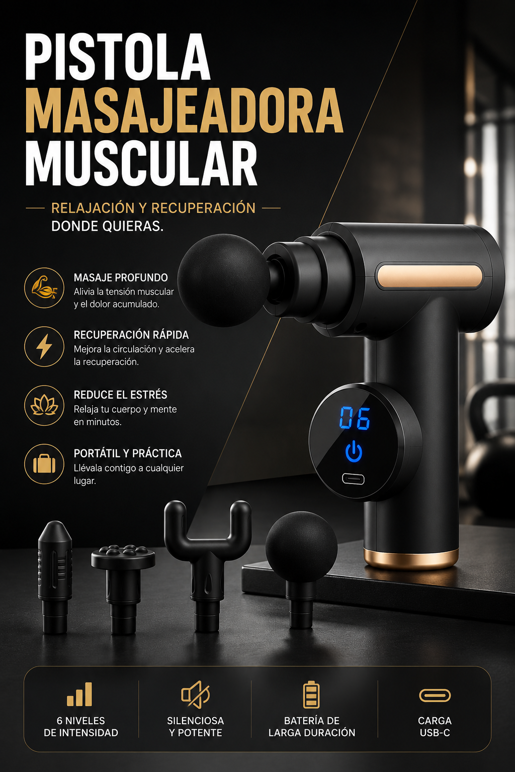 Pistola Masajeadora Muscular Portátil