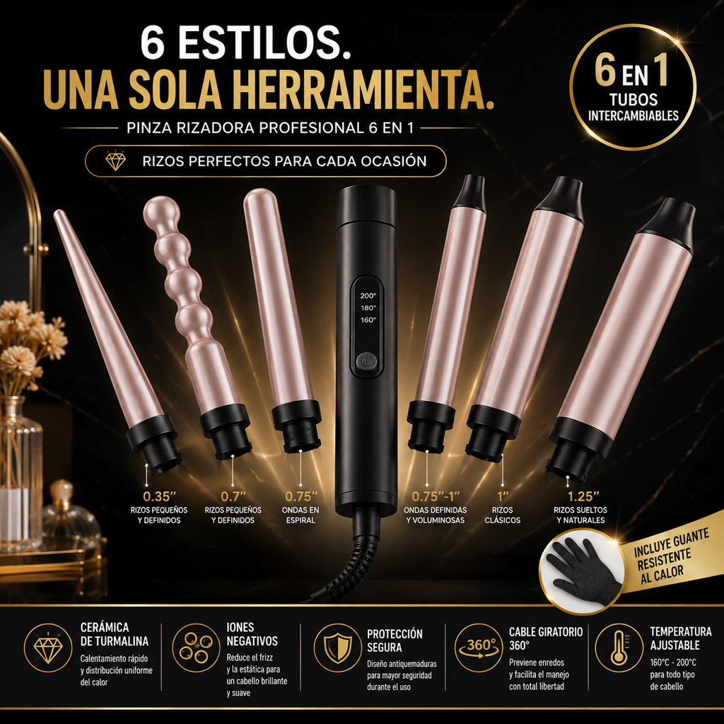 Pinza Rizadora de Cabello 6 en 1