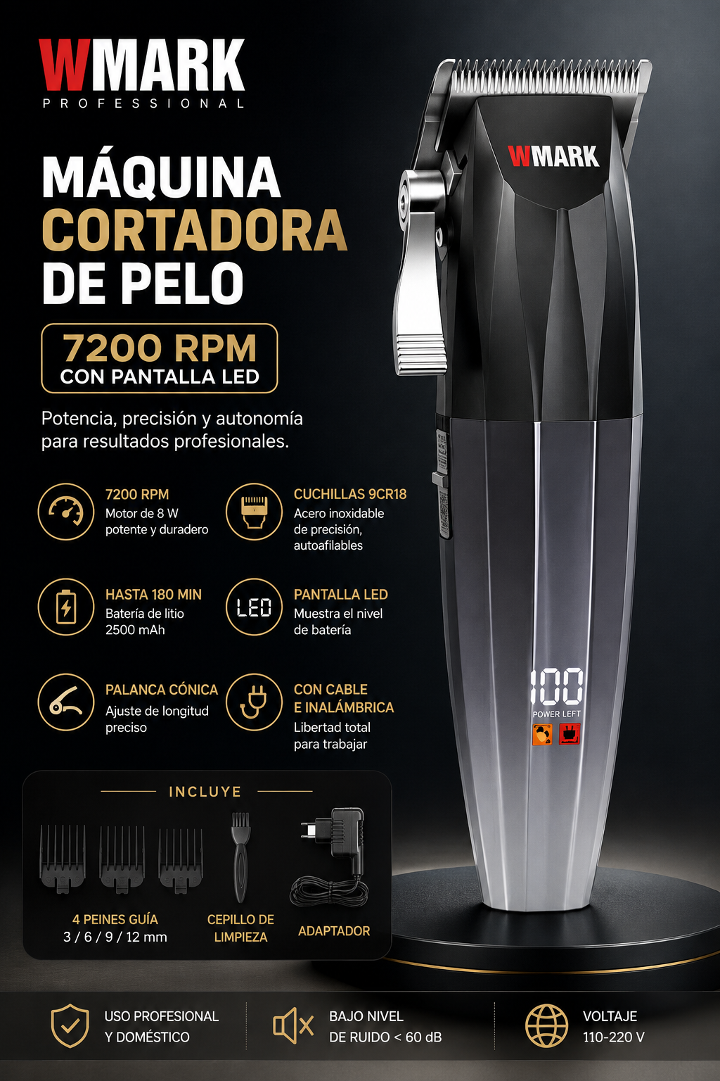 Máquina Cortadora de Pelo WMARK 7200 RPM con Pantalla LED