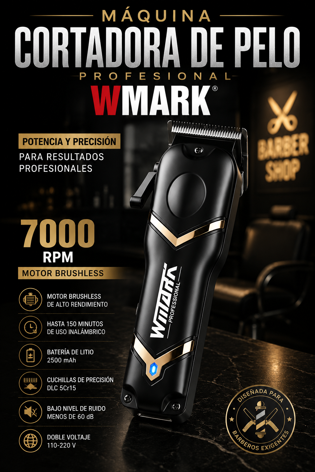 Máquina Cortadora de Pelo Profesional WMARK 7000 RPM