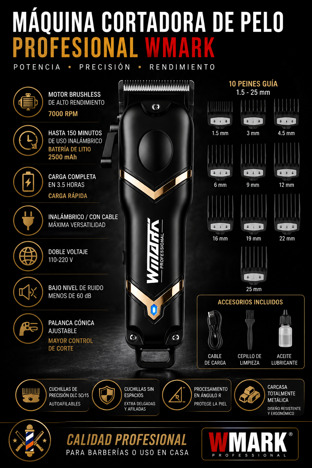Máquina Cortadora de Pelo Profesional WMARK 7000 RPM