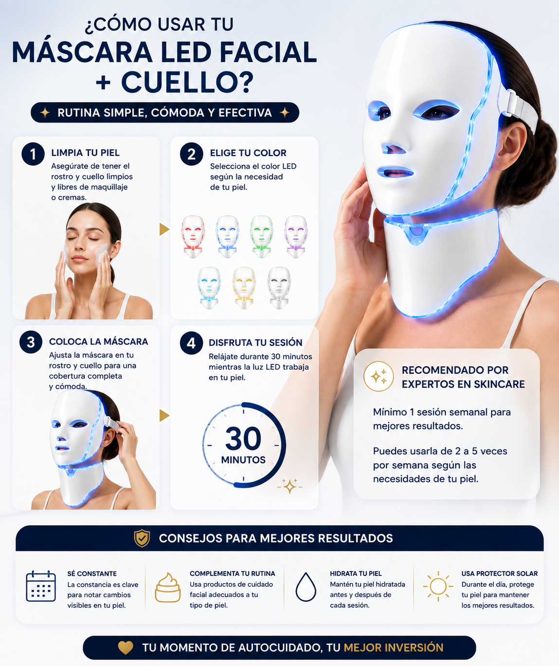Máscara LED Facial 7 Colores con Tratamiento para Cuello