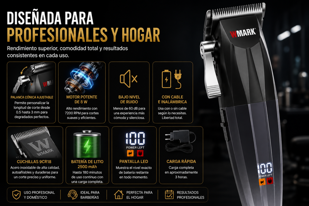 Máquina Cortadora de Pelo WMARK 7200 RPM con Pantalla LED
