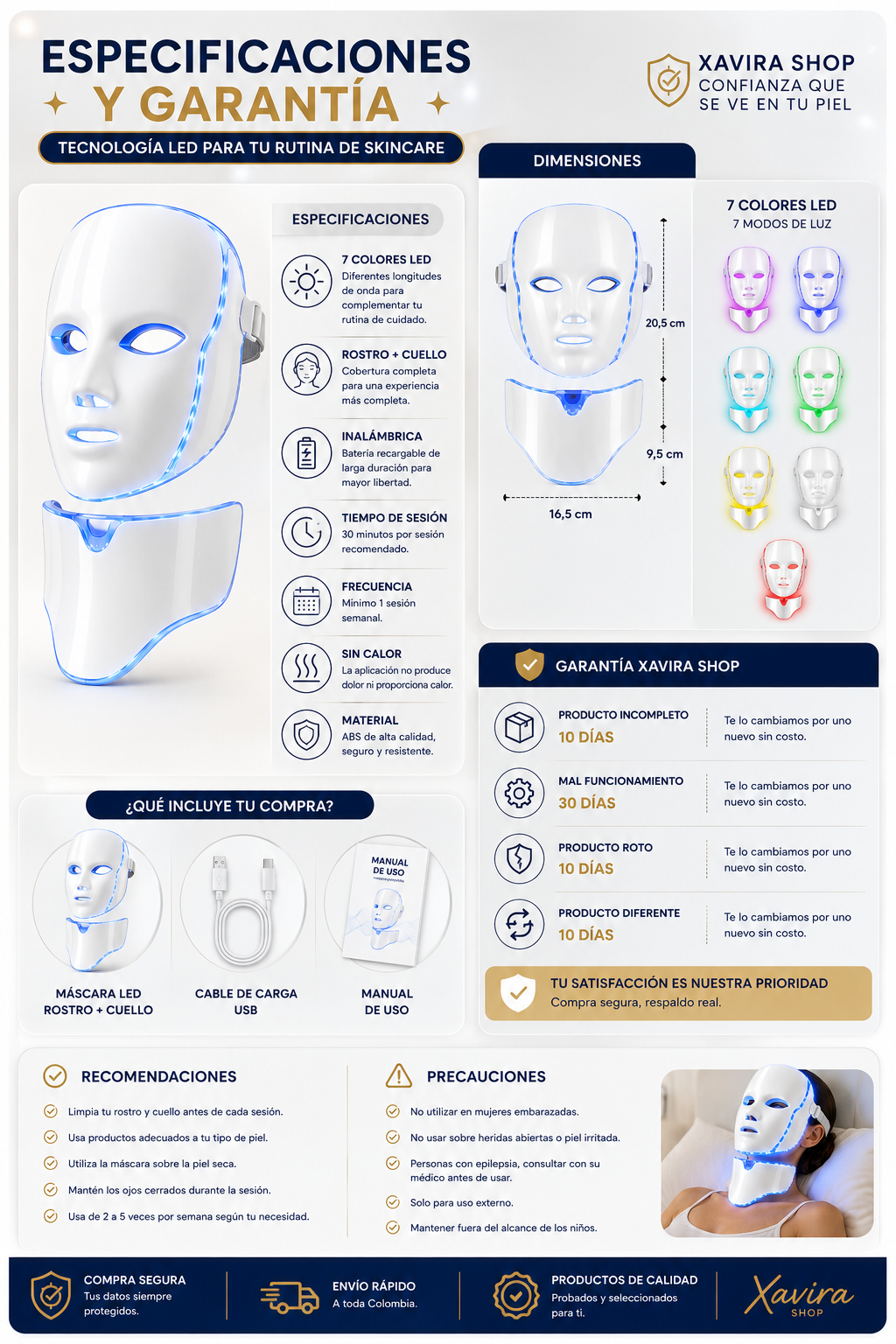 Máscara LED Facial 7 Colores con Tratamiento para Cuello